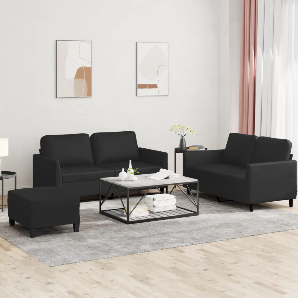 3-delige Loungeset met kussens kunstleer zwart