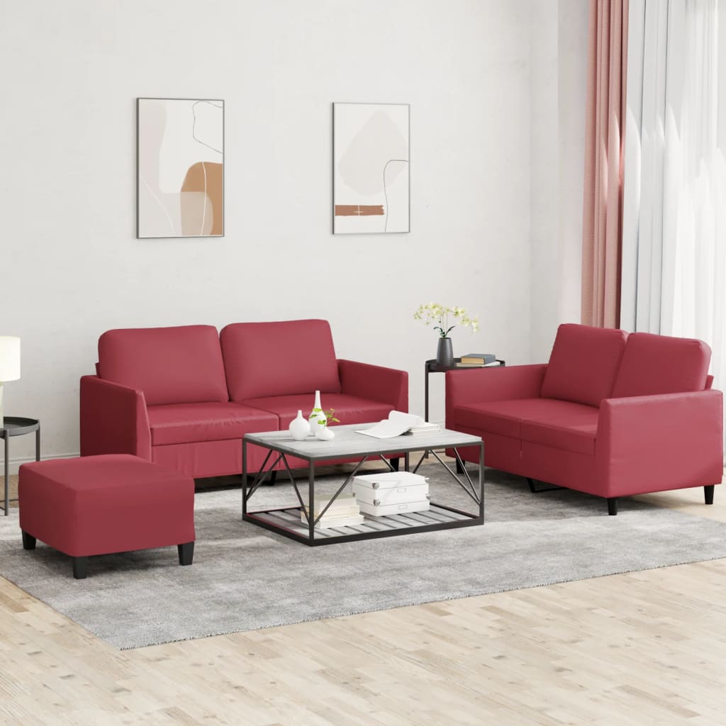 3-delige Loungeset met kussens kunstleer wijnrood – afbeelding 1