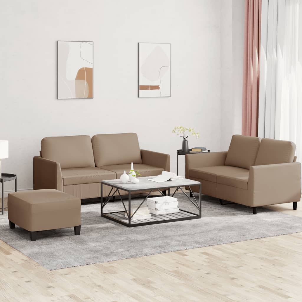 3-delige Loungeset met kussens kunstleer cappuccino – afbeelding 1