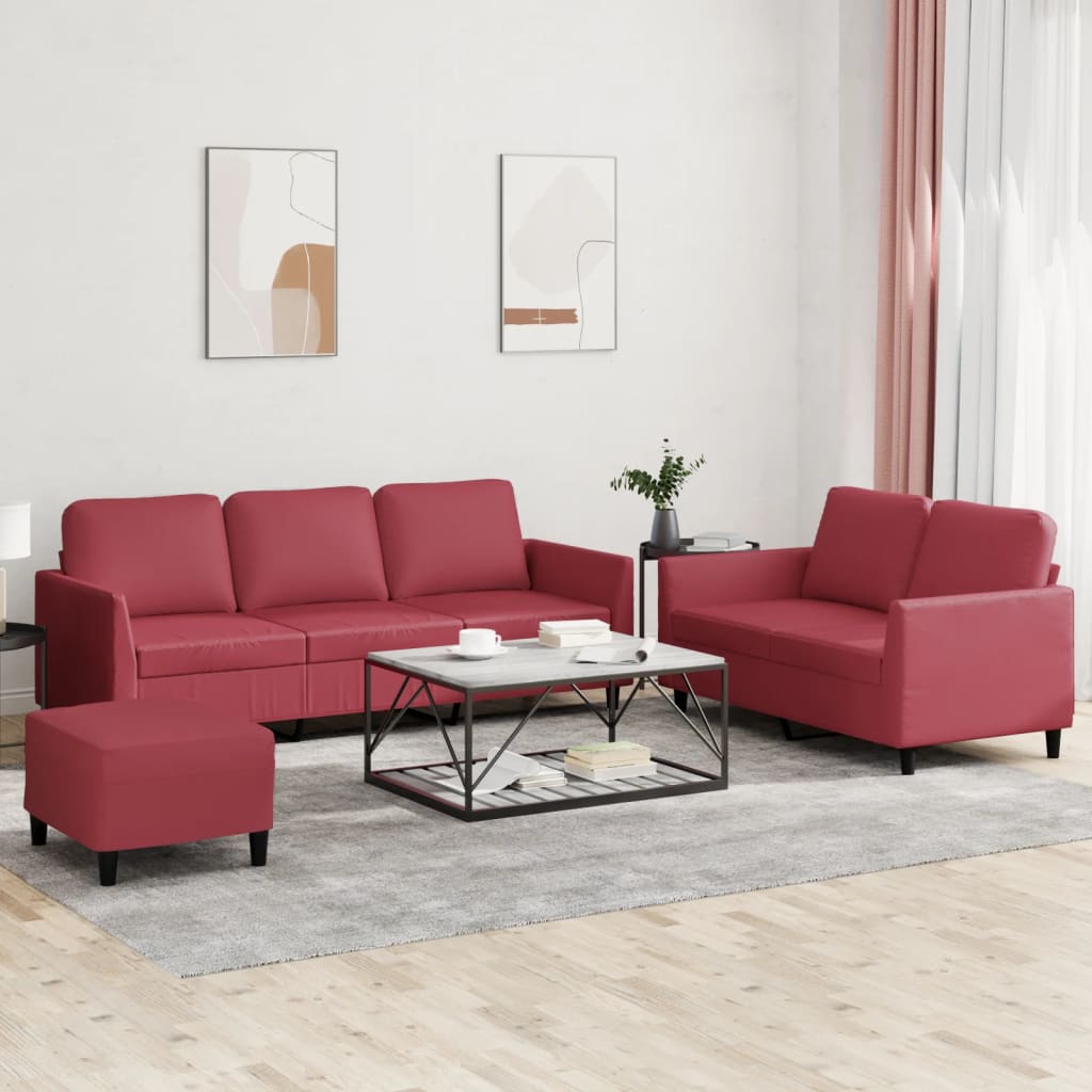 3-delige Loungeset met kussens kunstleer wijnrood – afbeelding 1