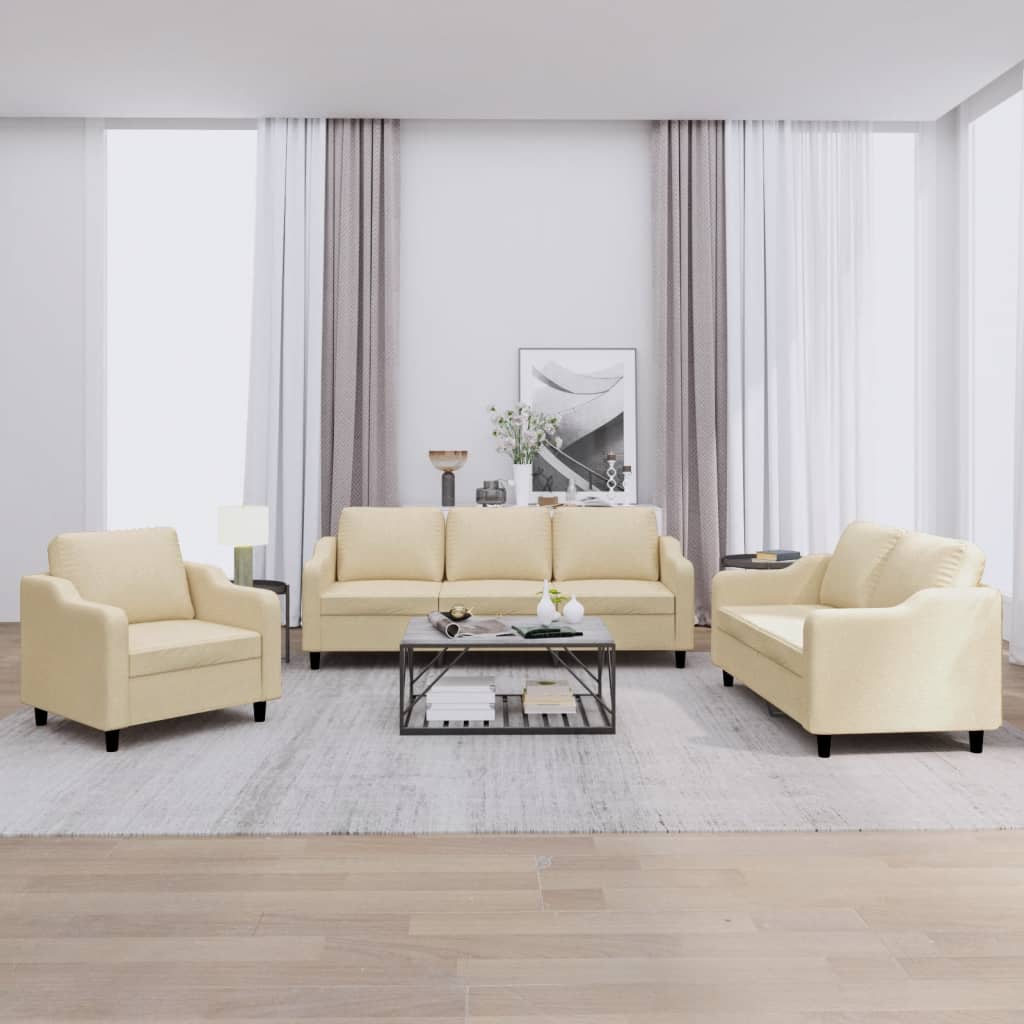 3-delige Loungeset met kussens stof crèmekleurig – afbeelding 1