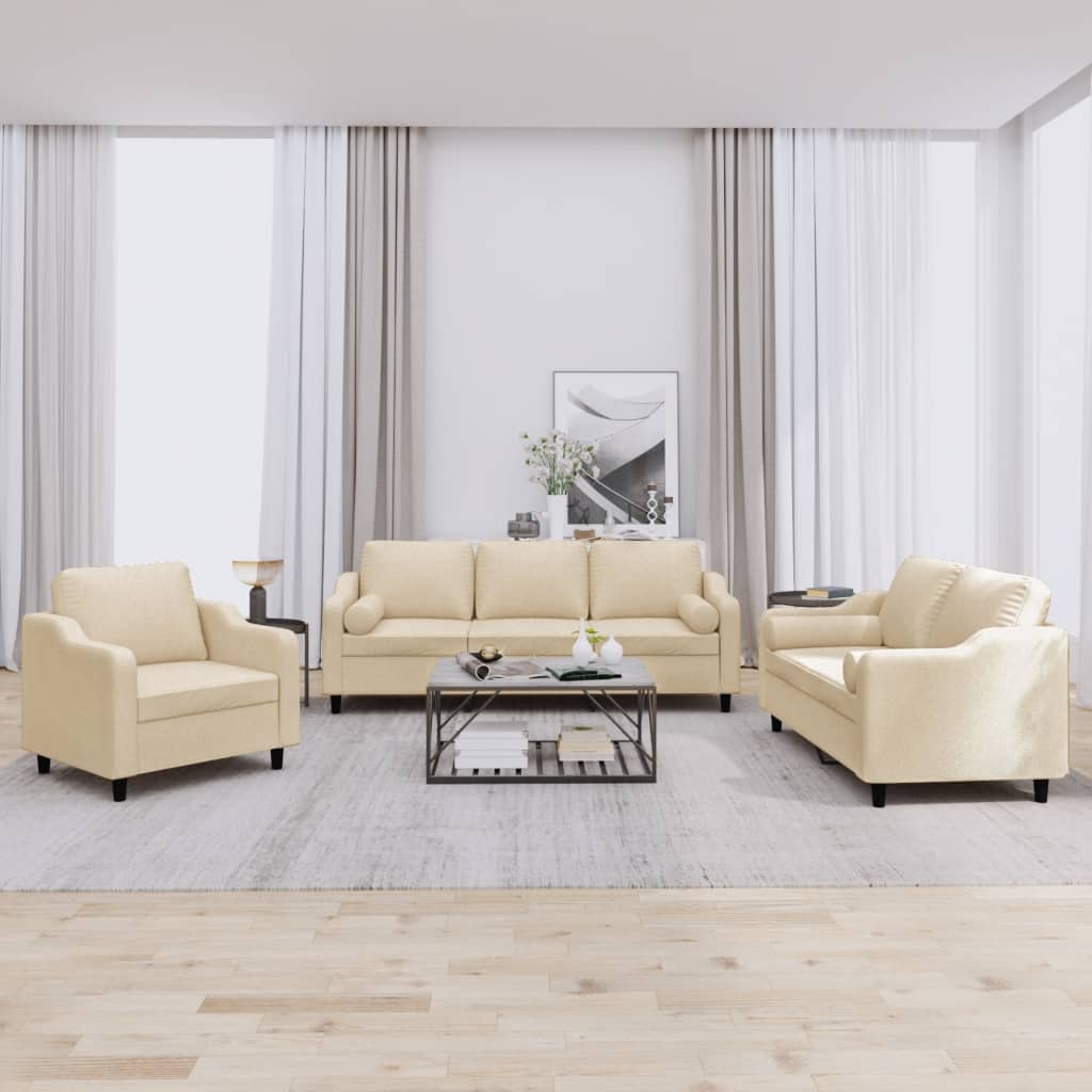 3-delige Loungeset met kussens stof crèmekleurig – afbeelding 1