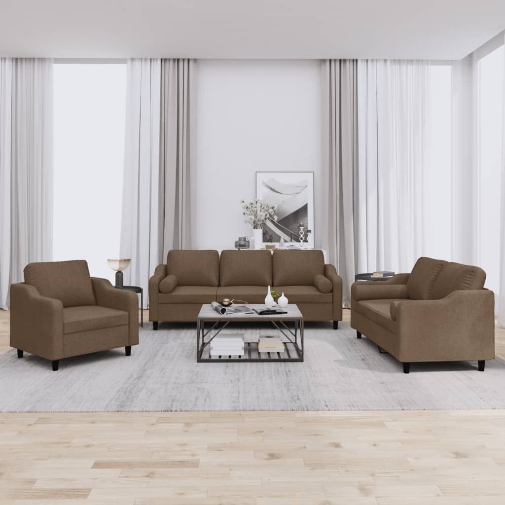 3-delige Loungeset met kussens stof bruin – afbeelding 1