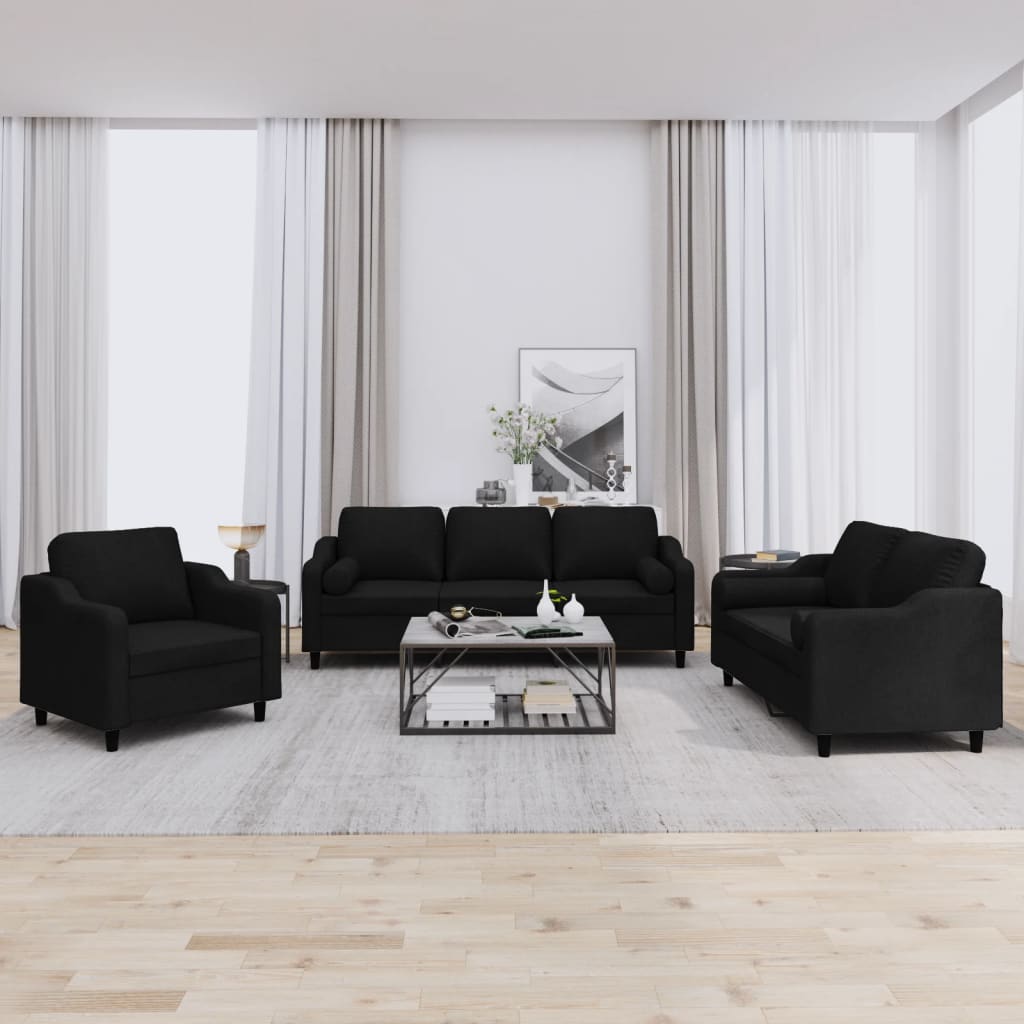 3-delige Loungeset met kussens stof zwart