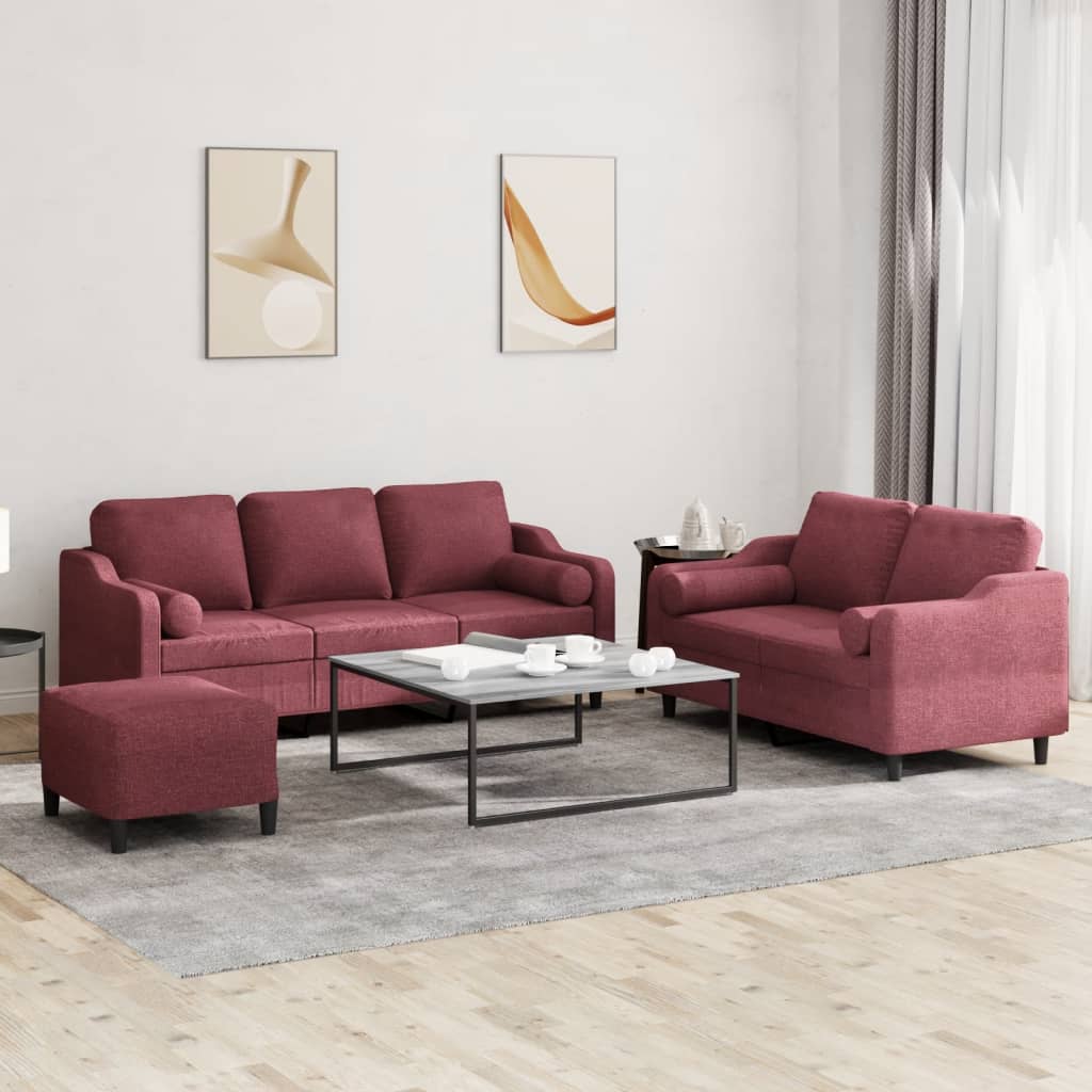 3-delige Loungeset met kussens stof wijnrood – afbeelding 1