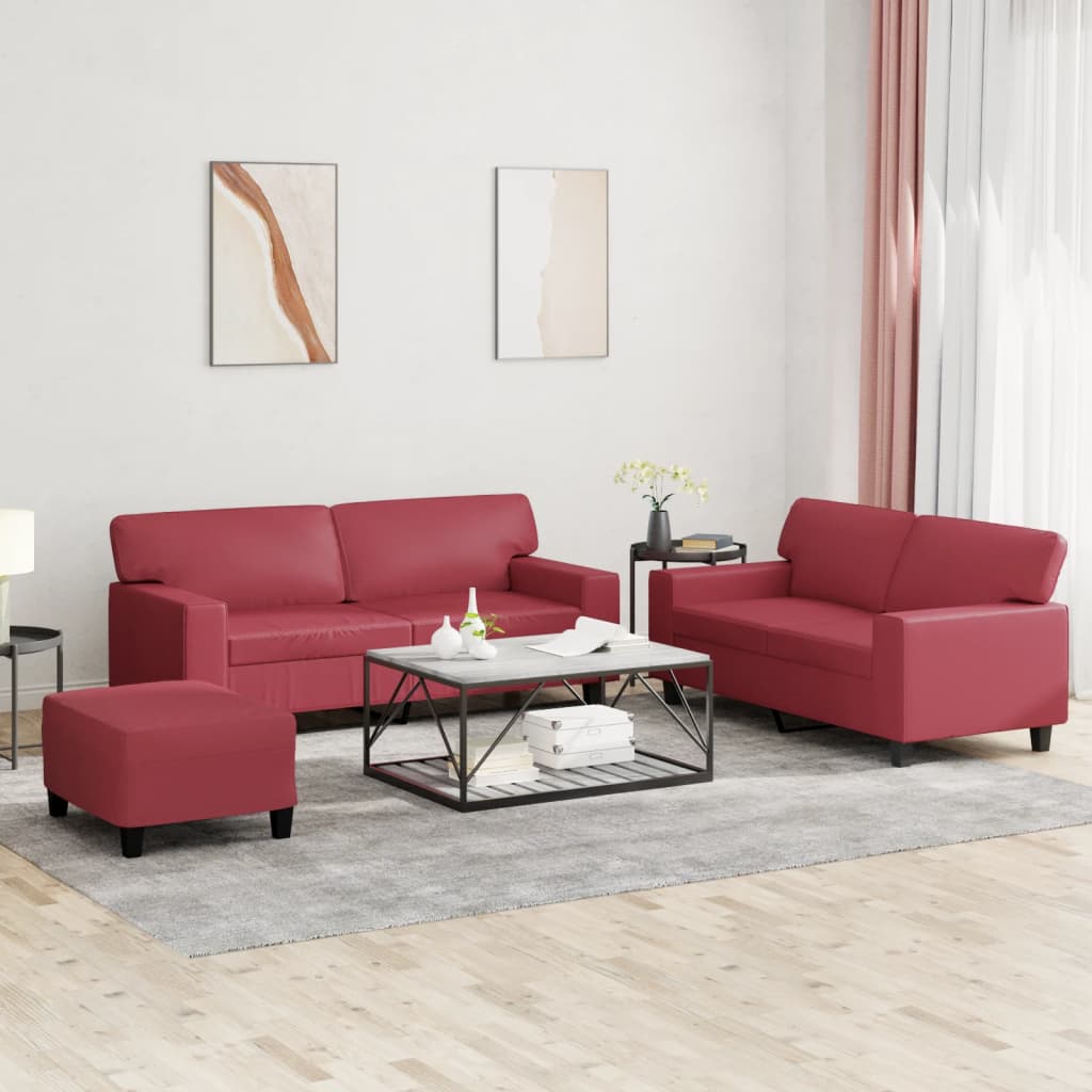3-delige Loungeset kunstleer wijnrood – afbeelding 1