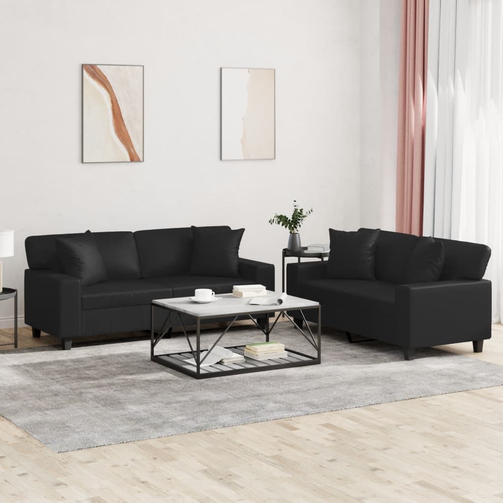 2-delige Loungeset met kussens kunstleer zwart – afbeelding 1