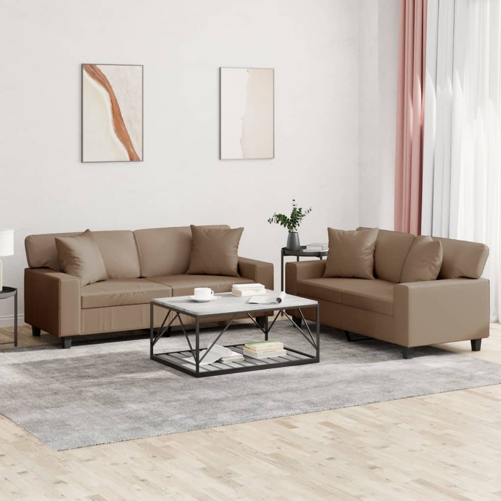 2-delige Loungeset met kussens kunstleer cappuccinokleurig – afbeelding 1