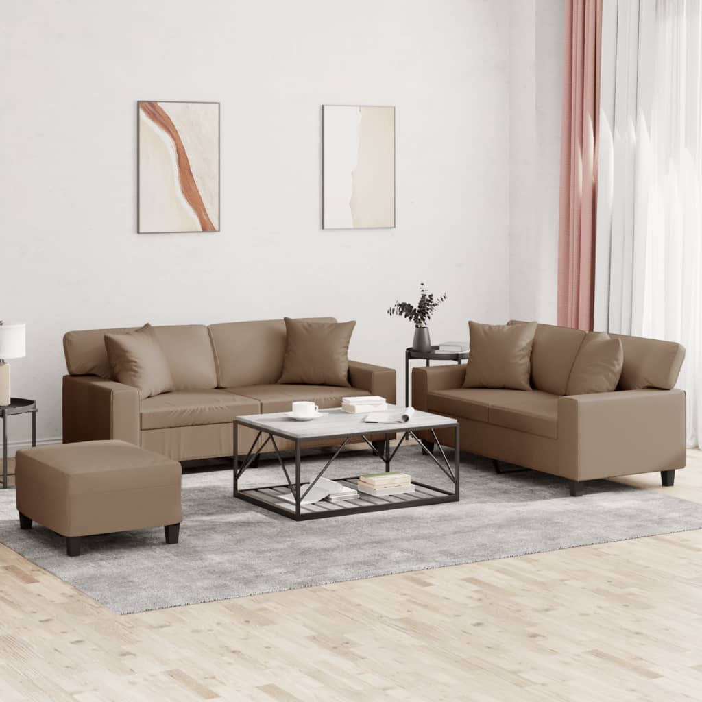 3-delige Loungeset met kussens kunstleer cappuccinokleurig – afbeelding 1