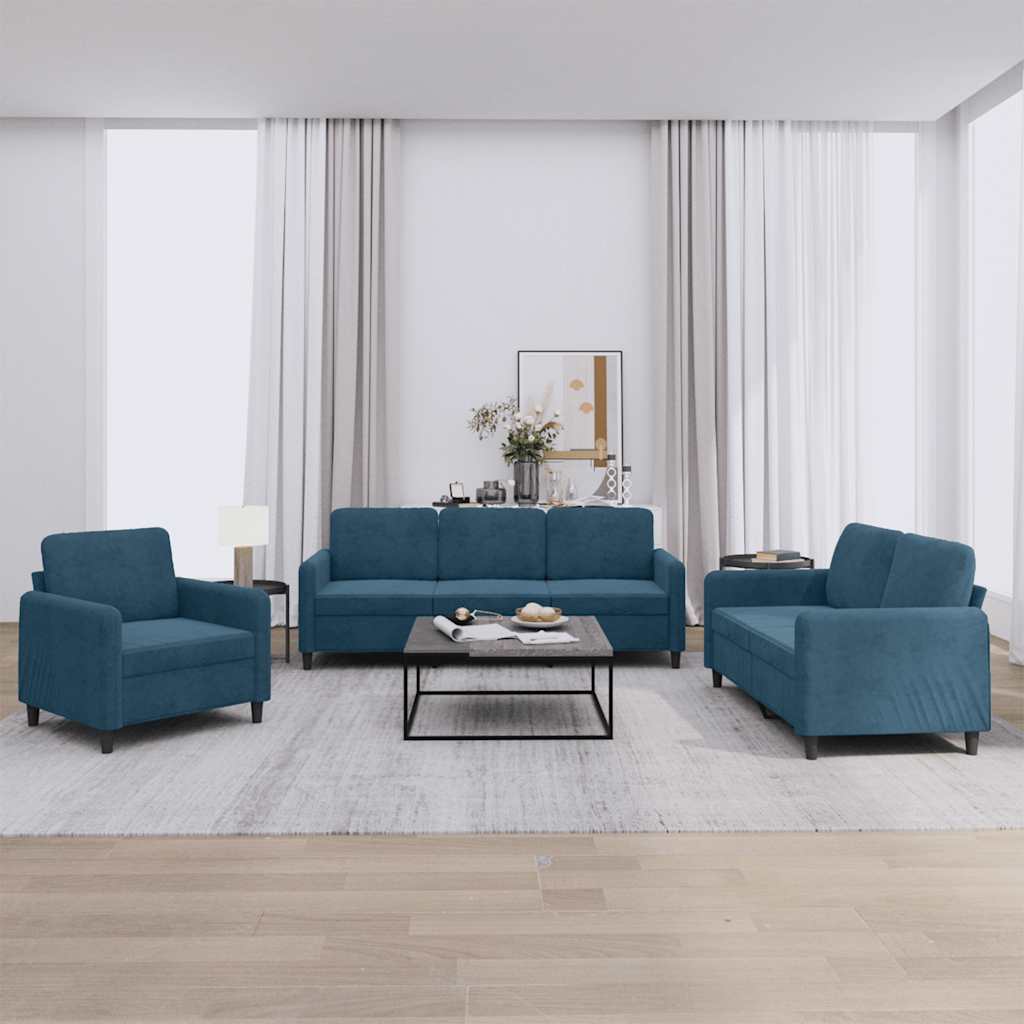3-delige Loungeset fluweel blauw – afbeelding 1