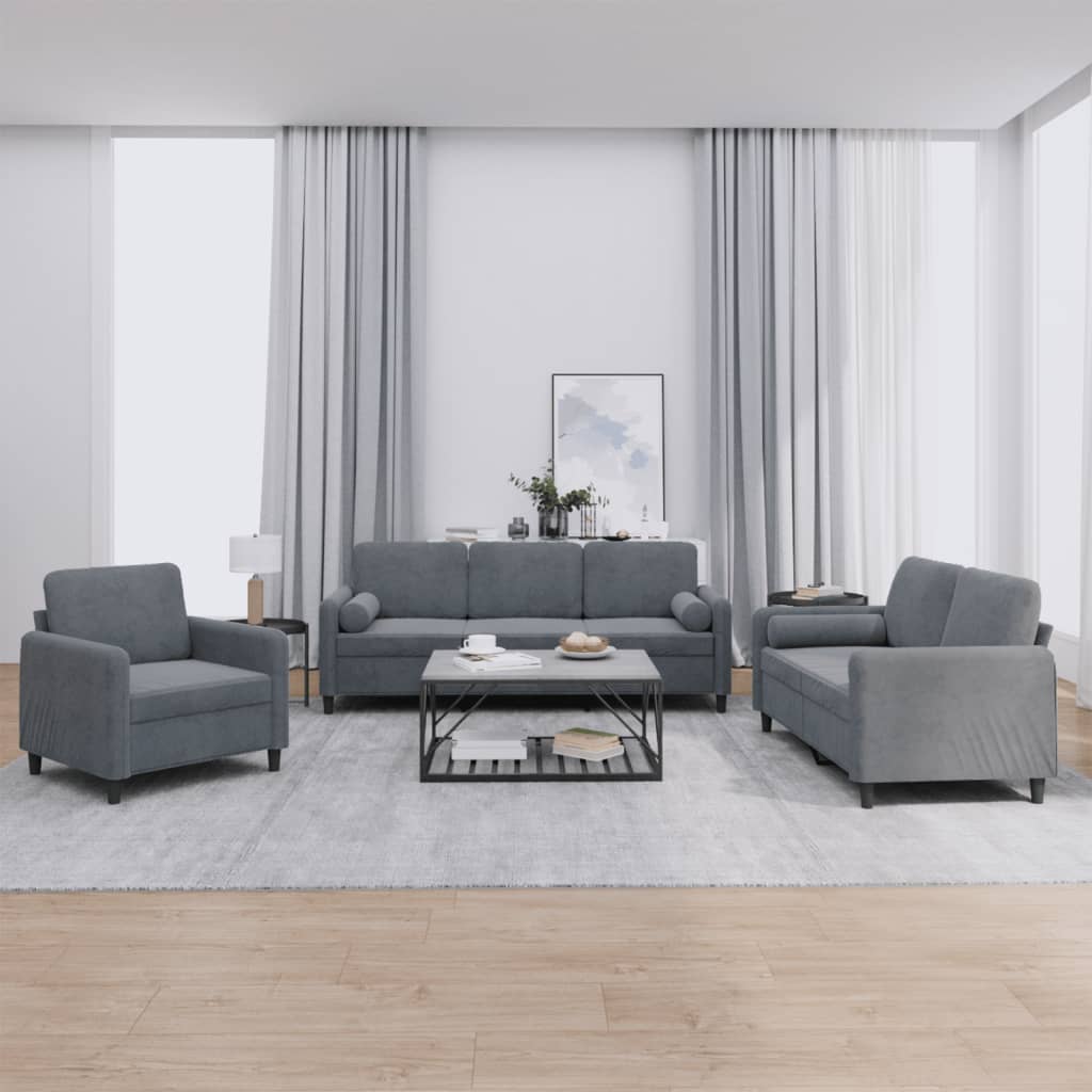 3-delige Loungeset met kussens fluweel donkergrijs