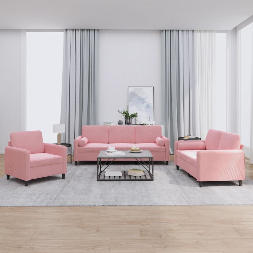 3-delige Loungeset met kussens fluweel roze – afbeelding 1