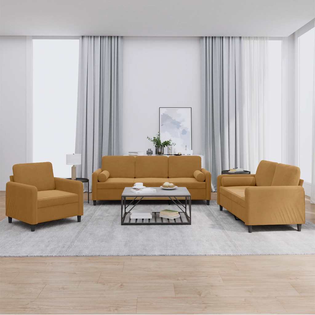 3-delige Loungeset met kussens fluweel bruin – afbeelding 1
