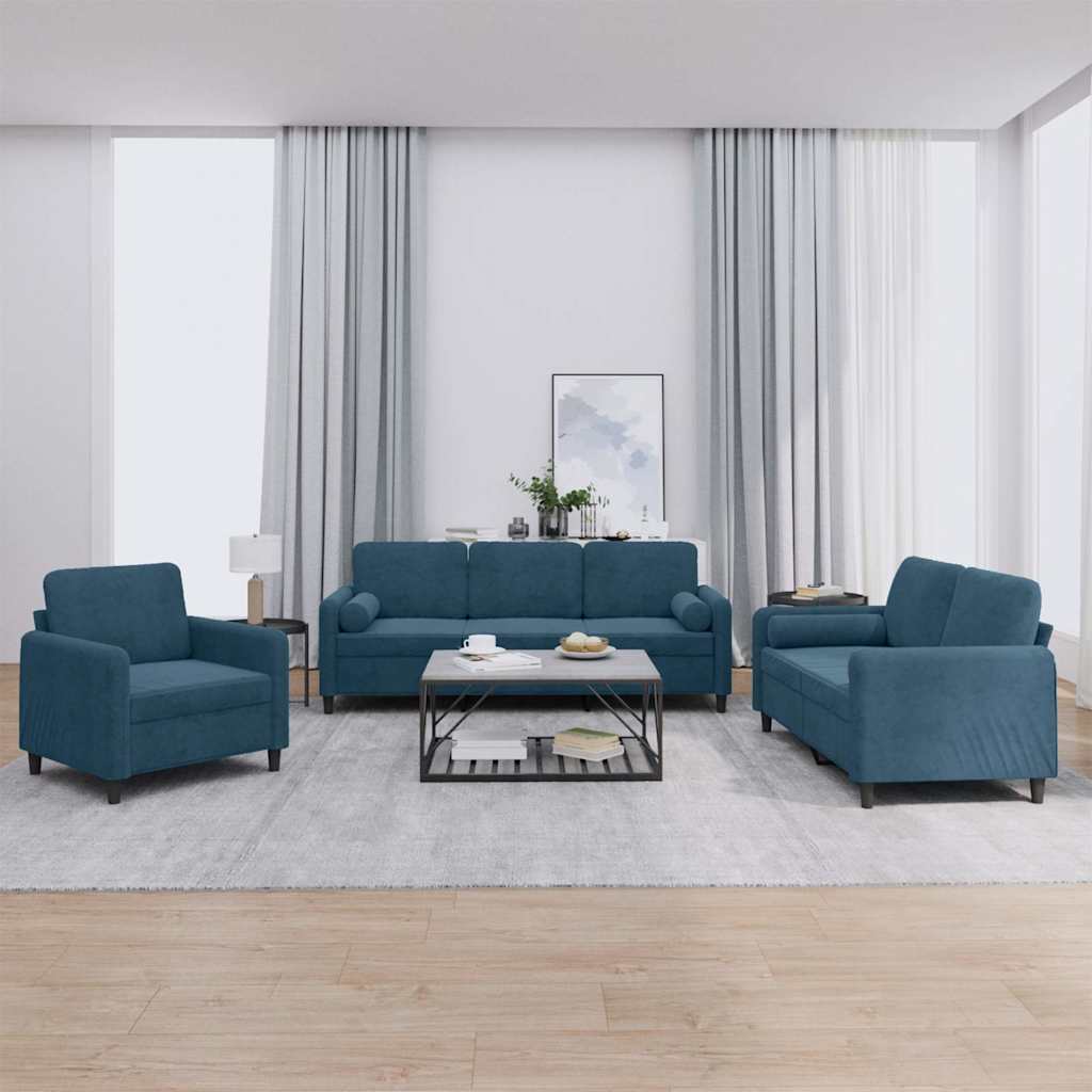 3-delige Loungeset met kussens fluweel blauw