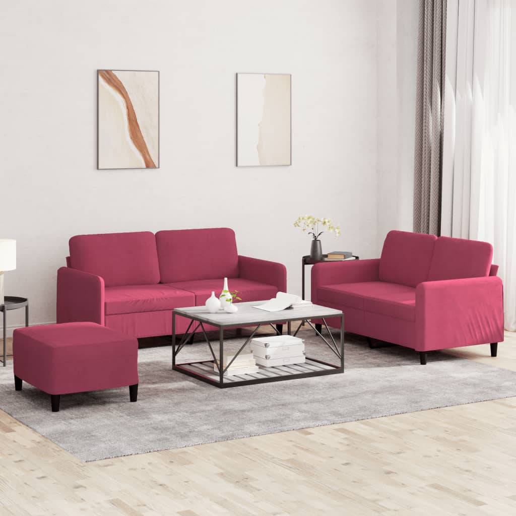 3-delige Loungeset fluweel wijnrood – afbeelding 1