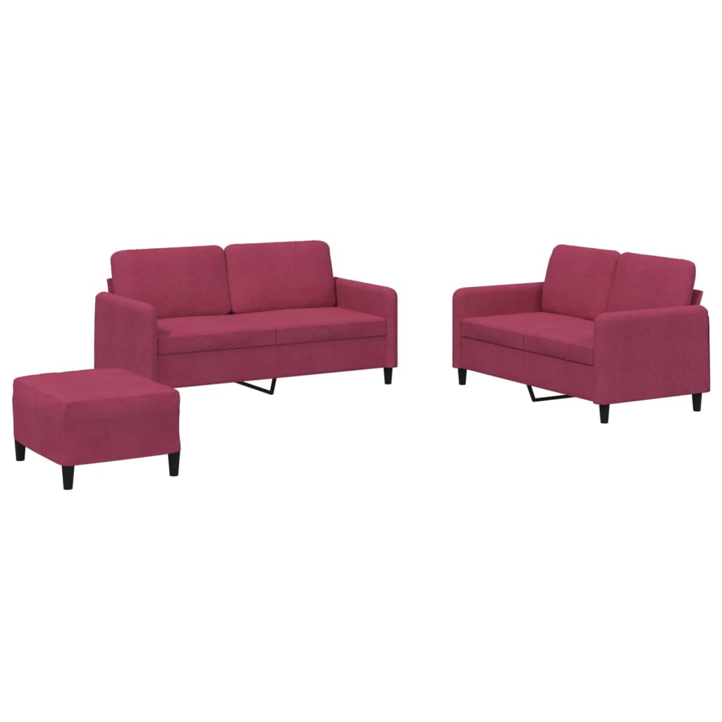 3-delige Loungeset fluweel wijnrood – afbeelding 2