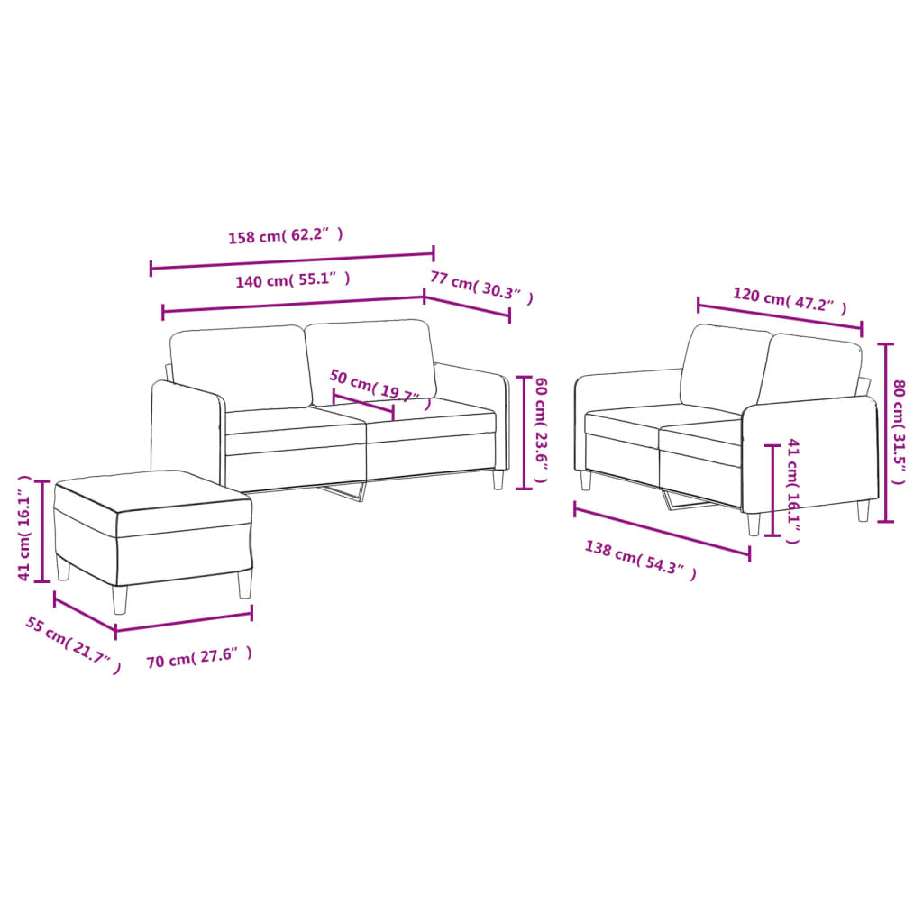 3-delige Loungeset fluweel crèmekleurig – afbeelding 9