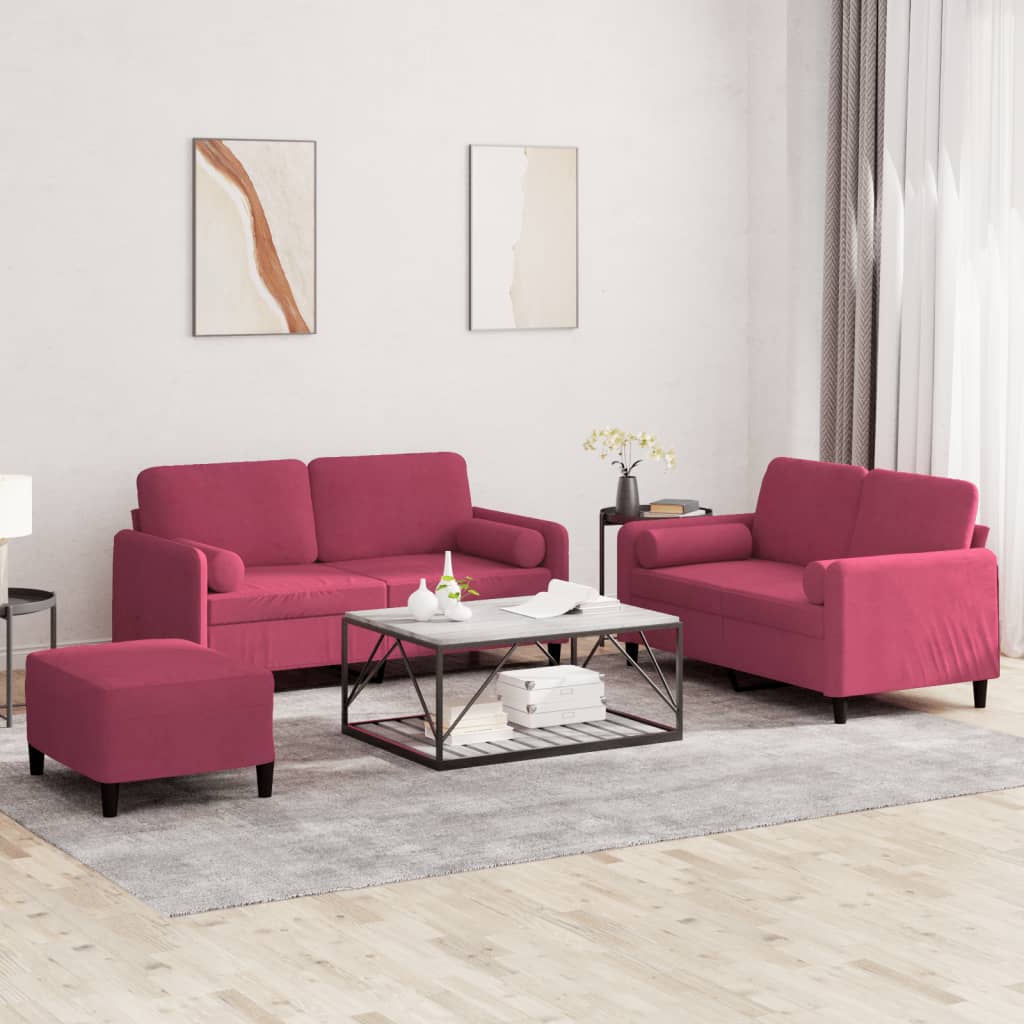 3-delige Loungeset met kussens fluweel wijnrood – afbeelding 1