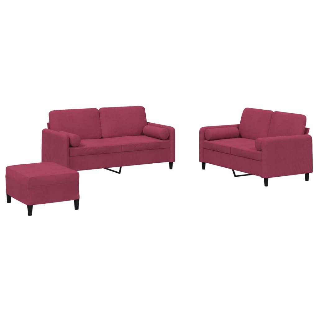 3-delige Loungeset met kussens fluweel wijnrood – afbeelding 2