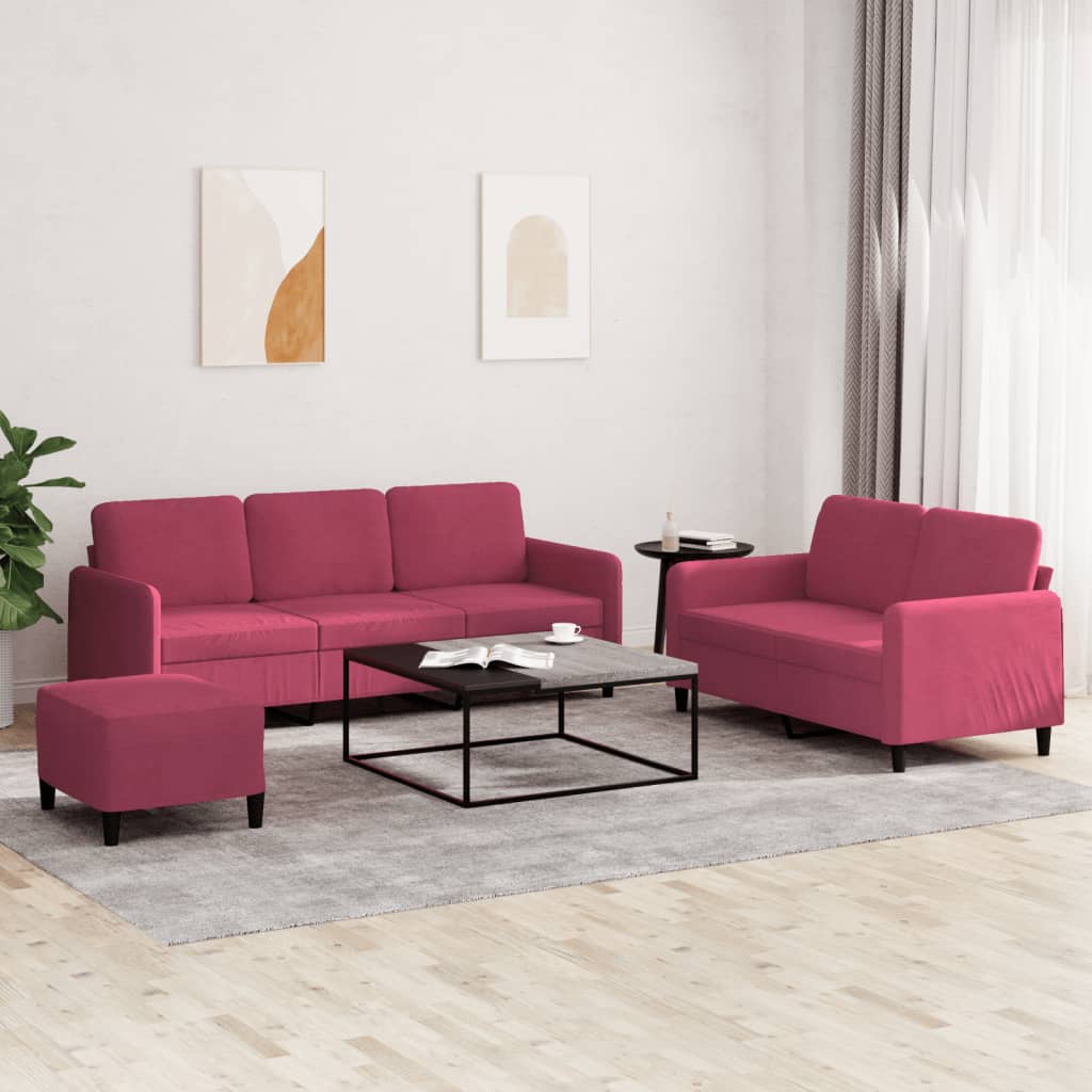 3-delige Loungeset fluweel wijnrood – afbeelding 1
