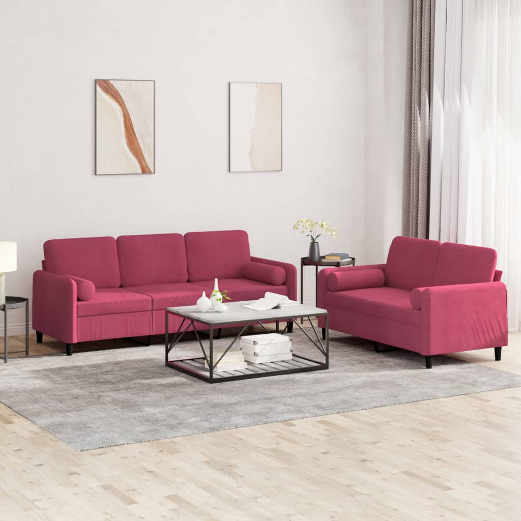 2-delige Loungeset met kussens fluweel wijnrood – afbeelding 1