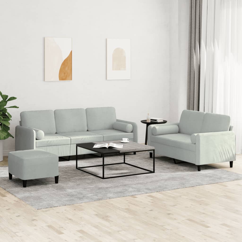 3-delige Loungeset met kussens fluweel lichtgrijs – afbeelding 1