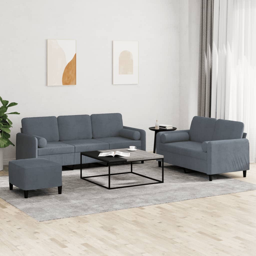 3-delige Loungeset met kussens fluweel donkergrijs