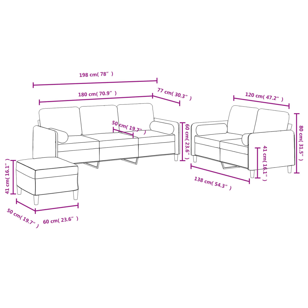 3-delige Loungeset met kussens fluweel wijnrood – afbeelding 10