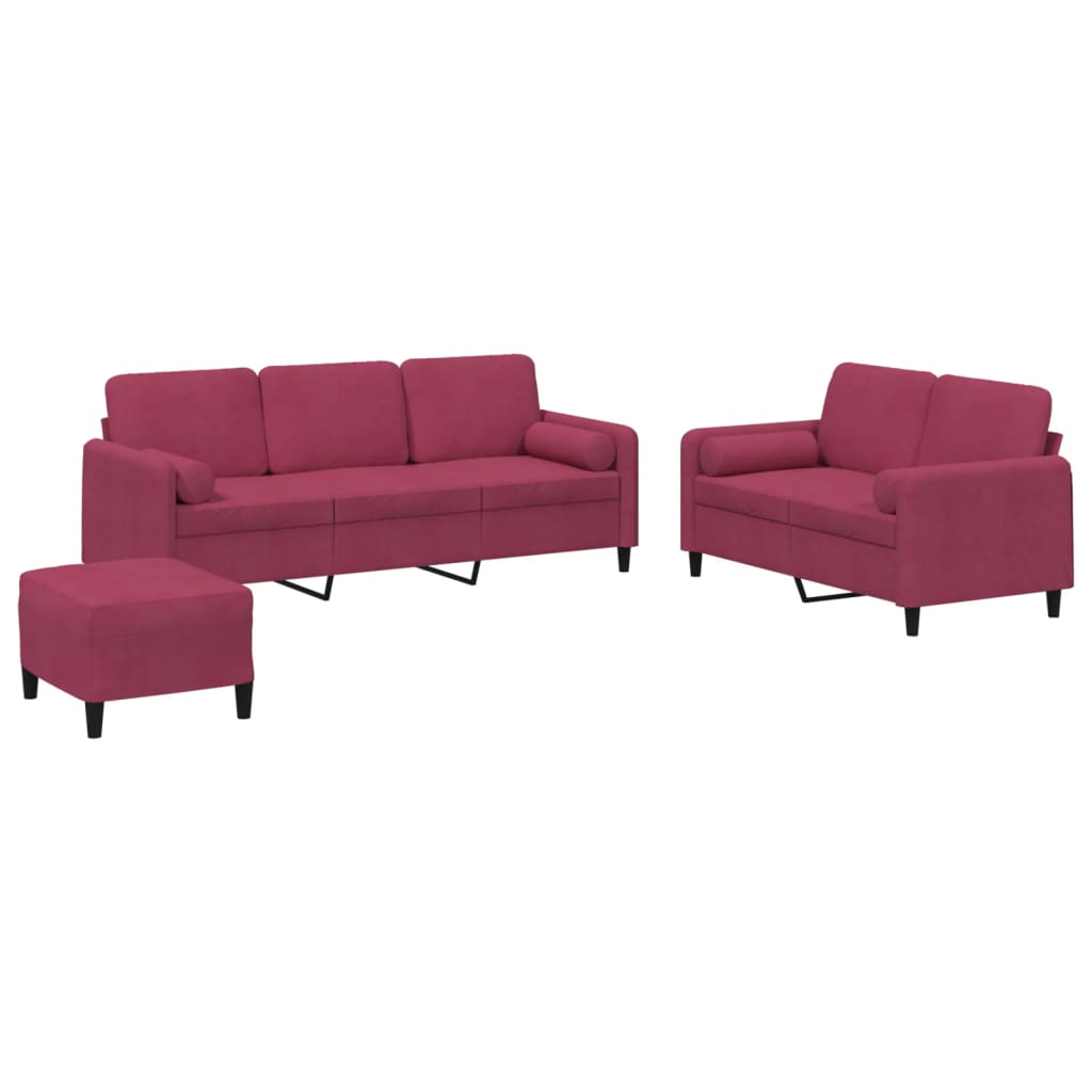 3-delige Loungeset met kussens fluweel wijnrood – afbeelding 2