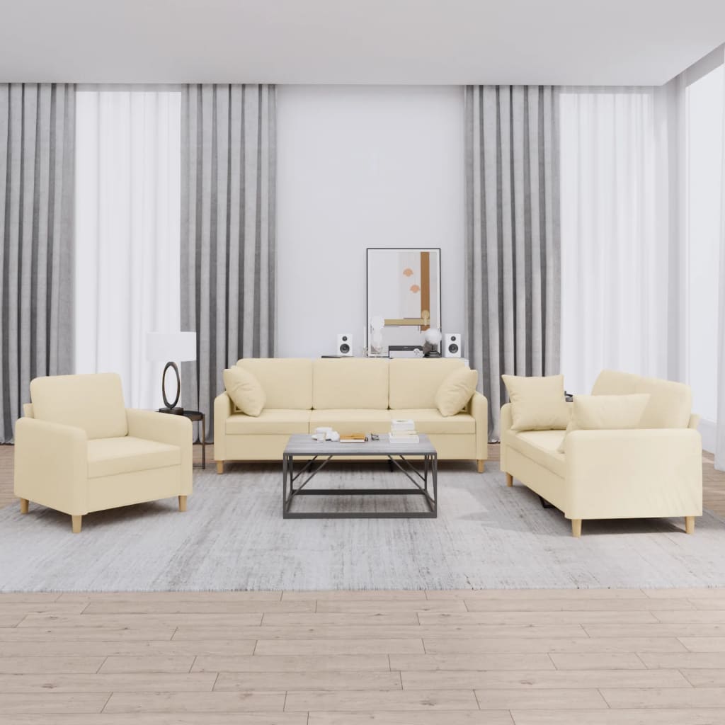 3-delige Loungeset met kussens stof crèmekleurig – afbeelding 1