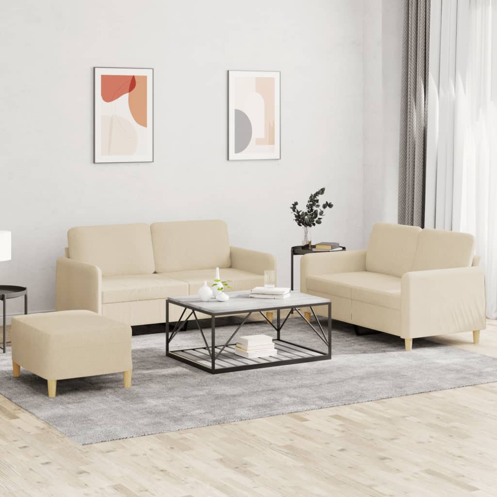 3-delige Loungeset met kussens stof crèmekleurig – afbeelding 1