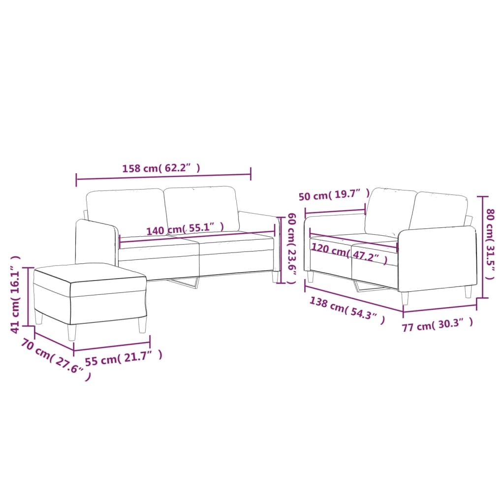 3-delige Loungeset met kussens stof crèmekleurig – afbeelding 9