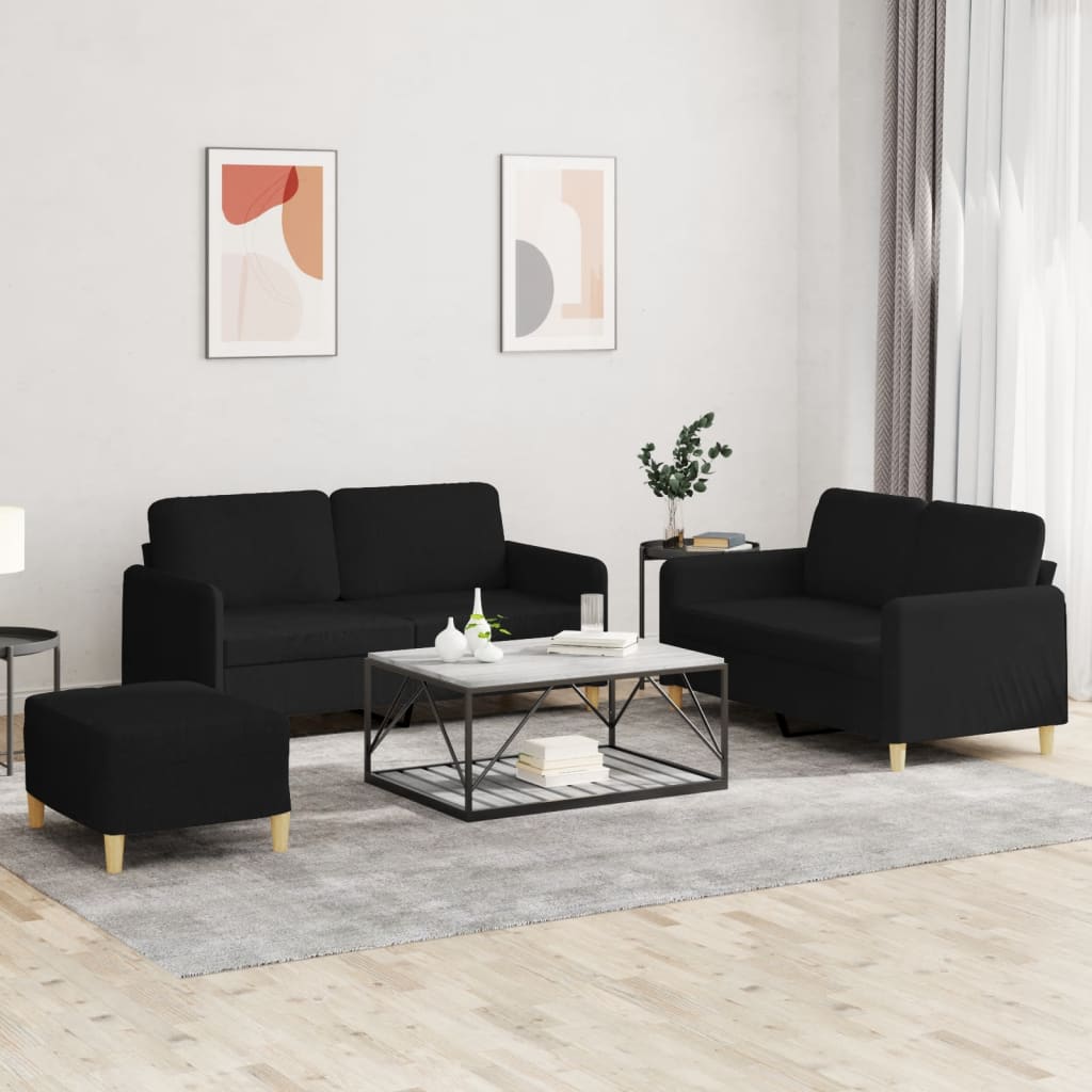 3-delige loungeset met kussens stof zwart – afbeelding 1