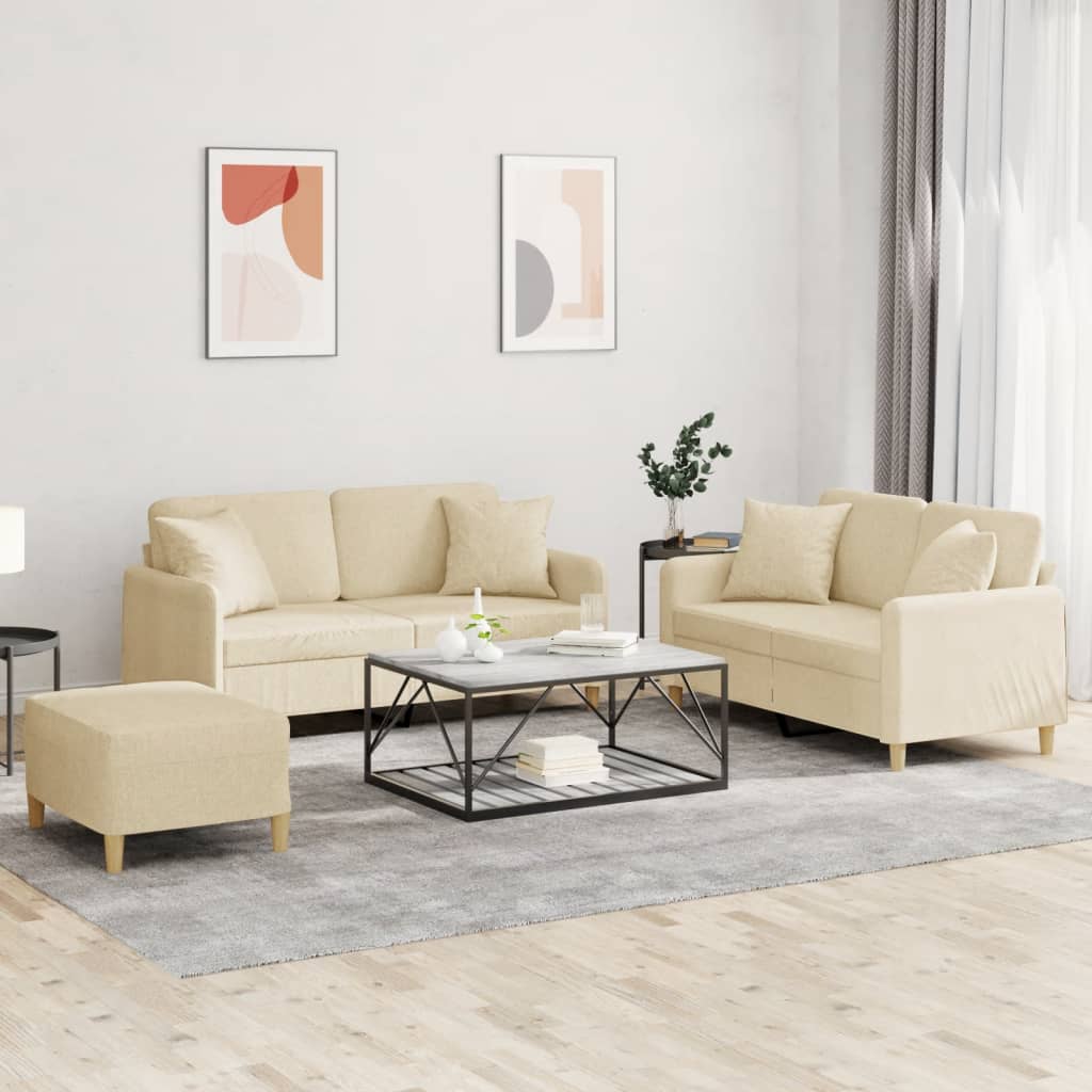 3-delige Loungeset met kussens stof crèmekleurig