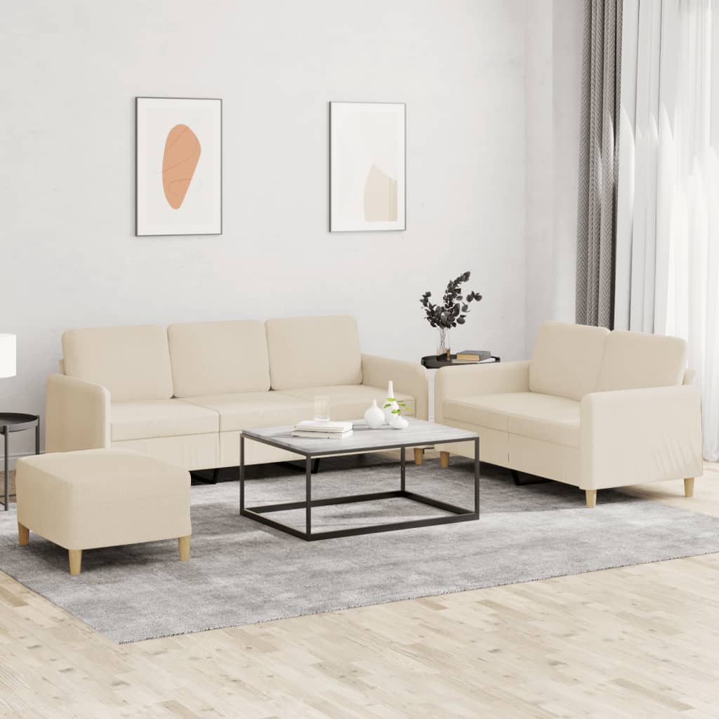 3-delige Loungeset met kussens stof crèmekleurig – afbeelding 1