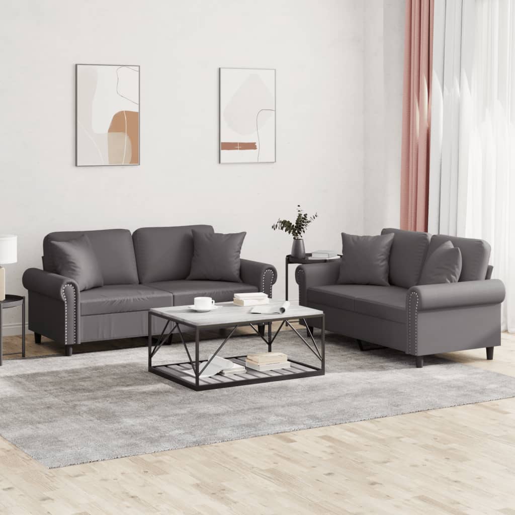 2-delige Loungeset met kussens kunstleer grijs – afbeelding 1