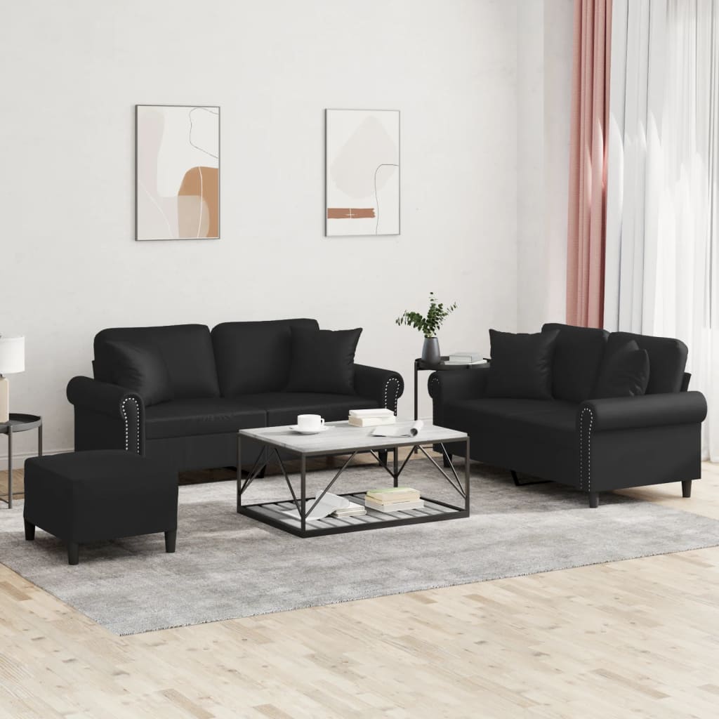 3-delige Loungeset met kussens kunstleer zwart