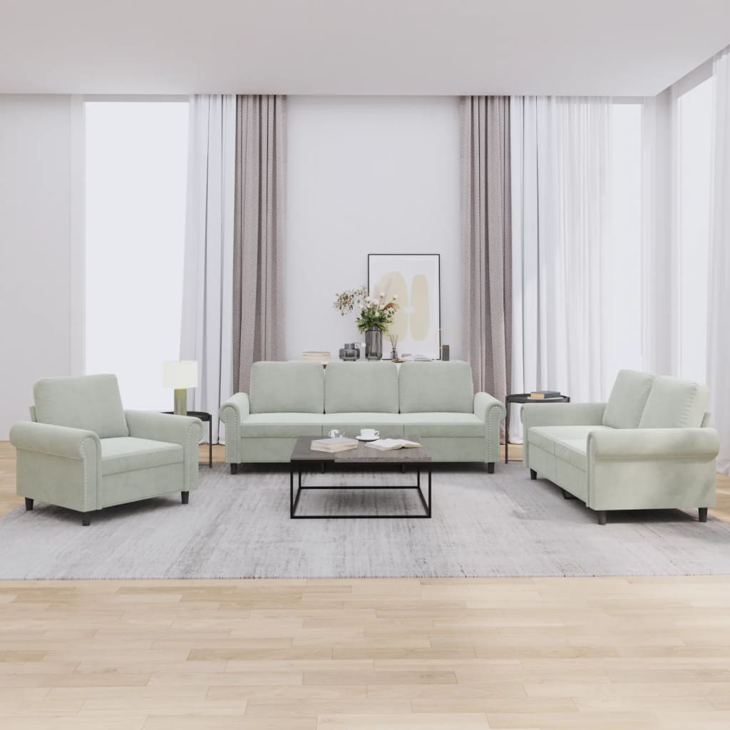 3-delige Loungeset met kussens fluweel lichtgrijs – afbeelding 1
