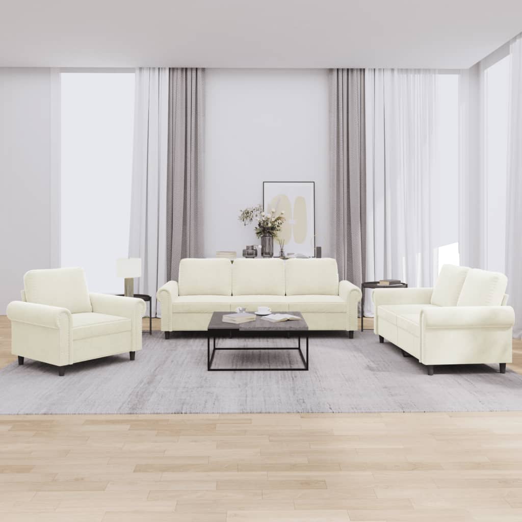 3-delige Loungeset met kussens fluweel crèmekleurig