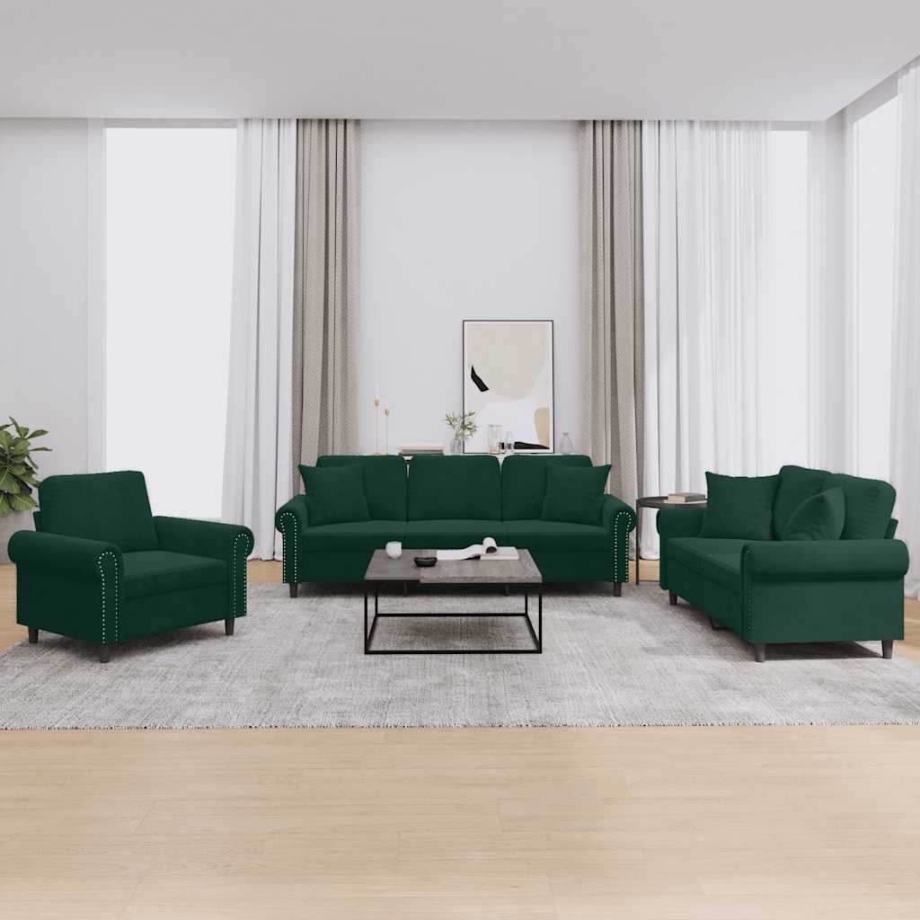 3-delige Loungeset met kussens fluweel donkergroen – afbeelding 1