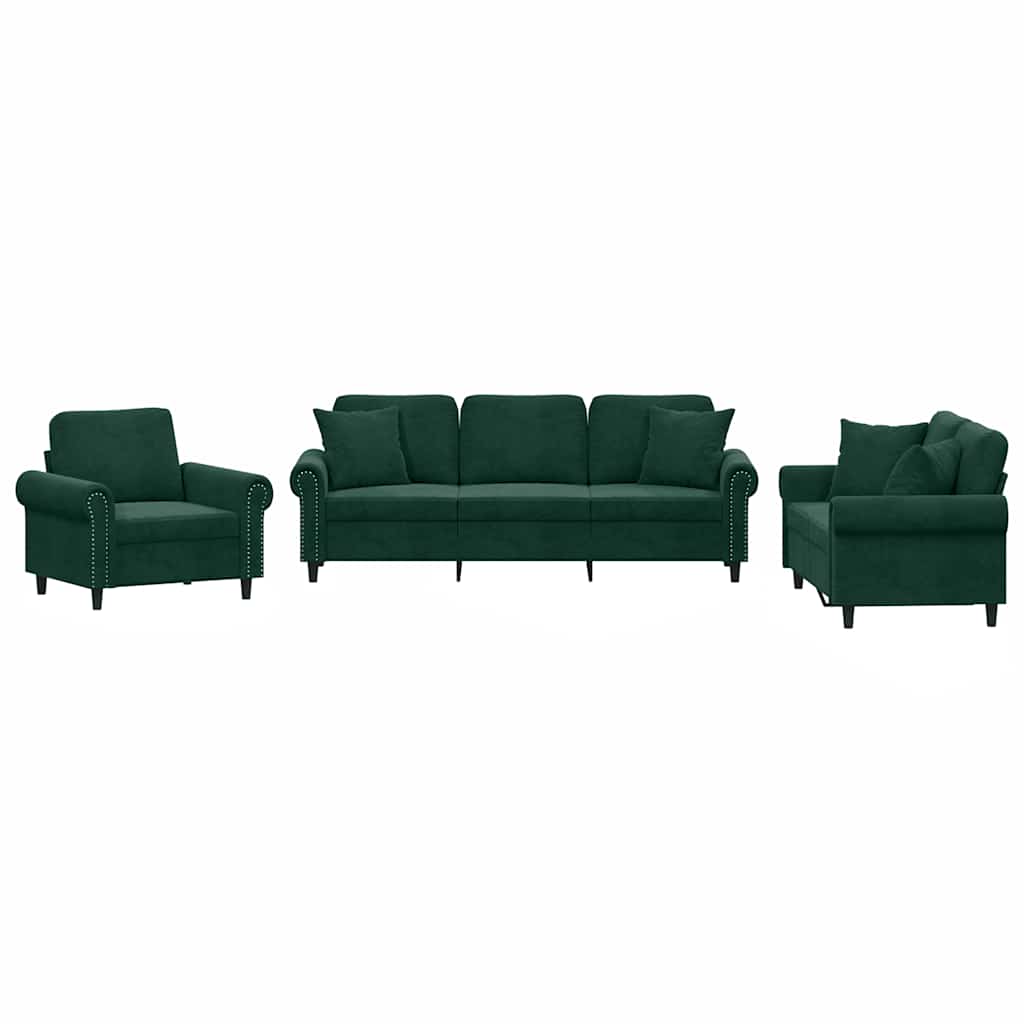 3-delige Loungeset met kussens fluweel donkergroen – afbeelding 2