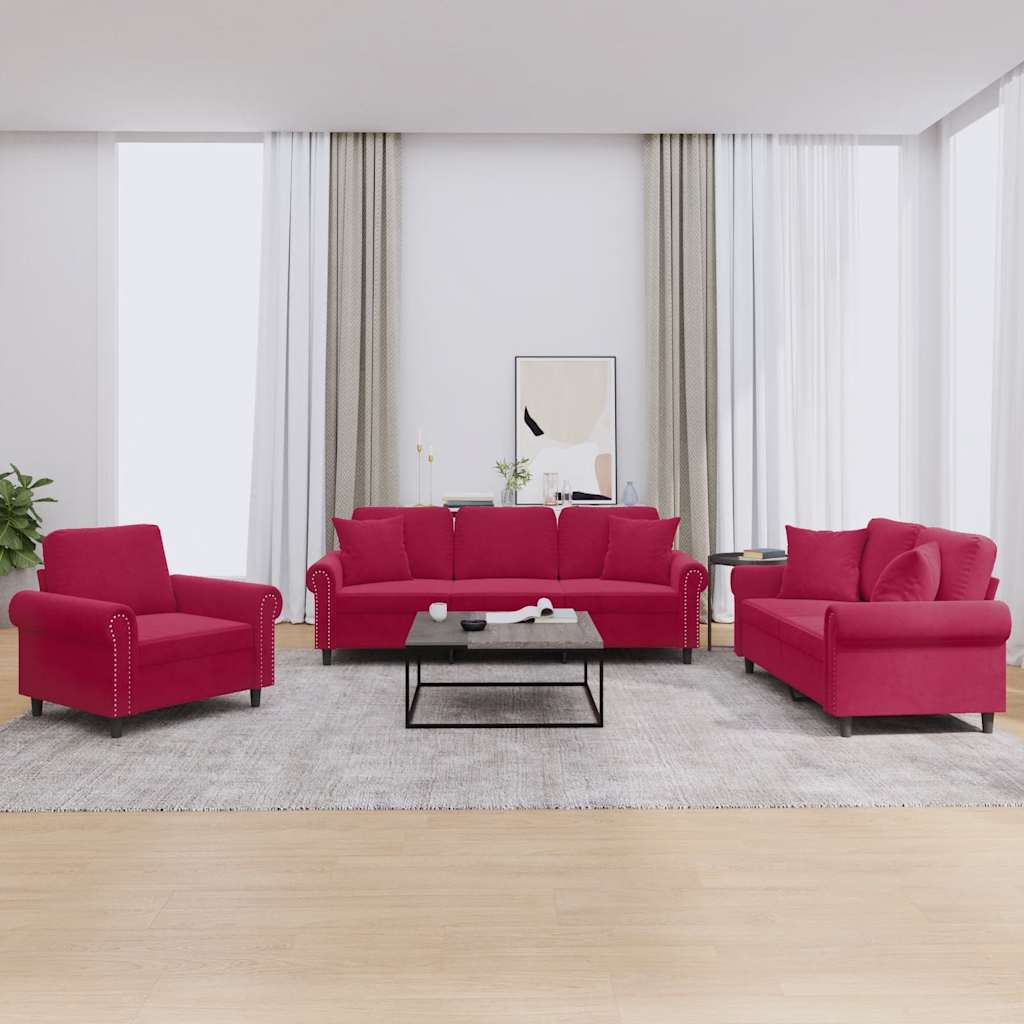 3-delige Loungeset met kussens fluweel wijnrood