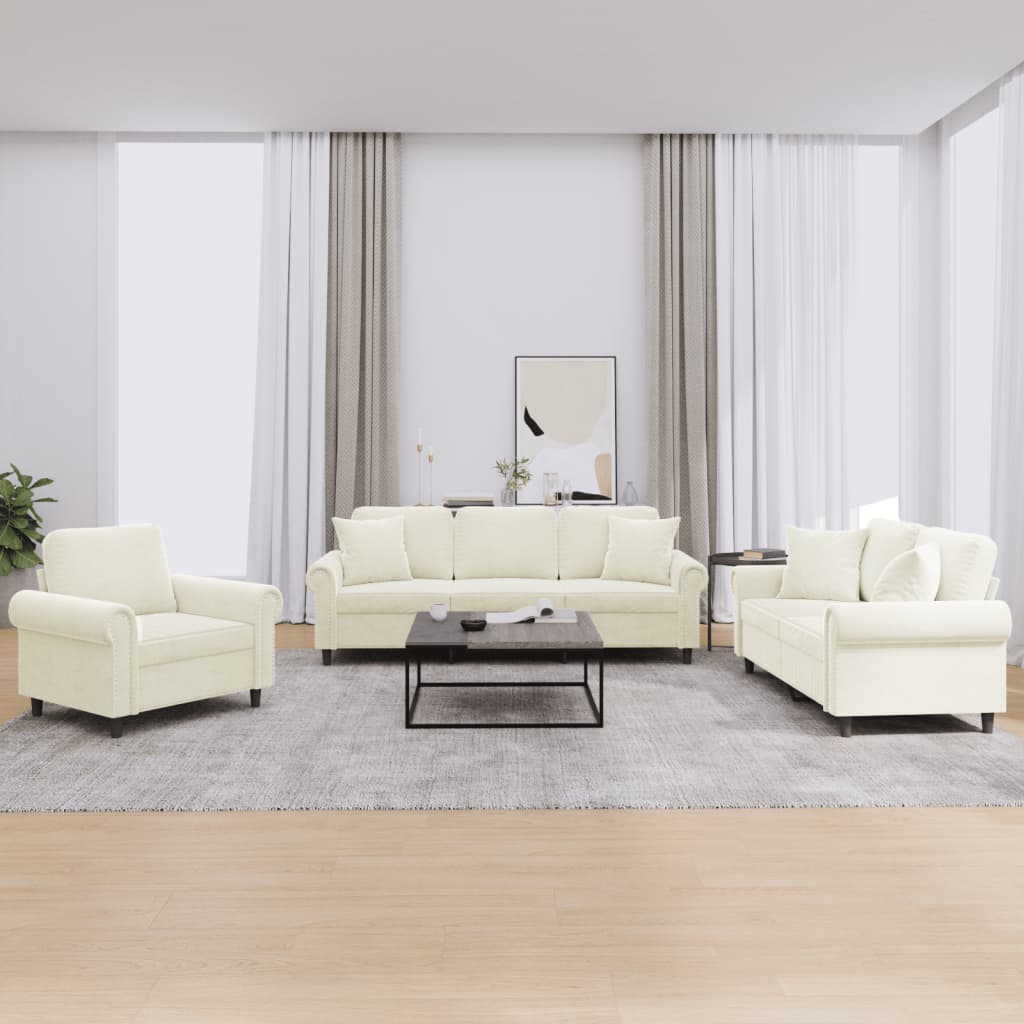 3-delige Loungeset met kussens fluweel crèmekleurig