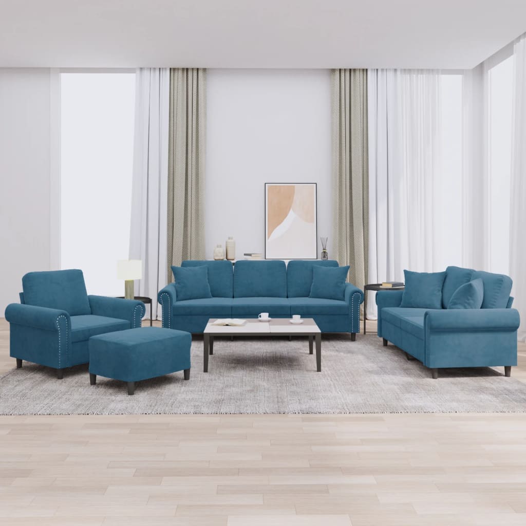 4-delige Loungeset met kussens fluweel blauw – afbeelding 1