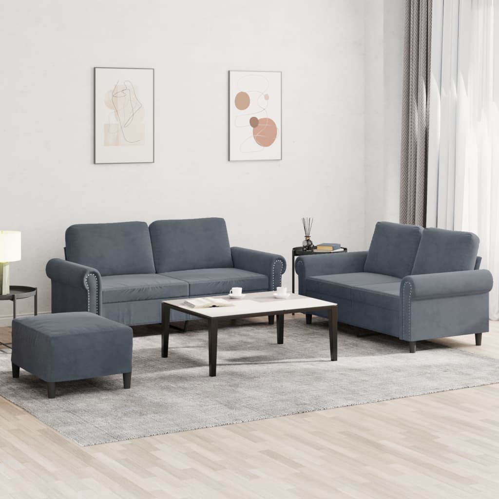 3-delige Loungeset met kussens fluweel donkergrijs – afbeelding 1