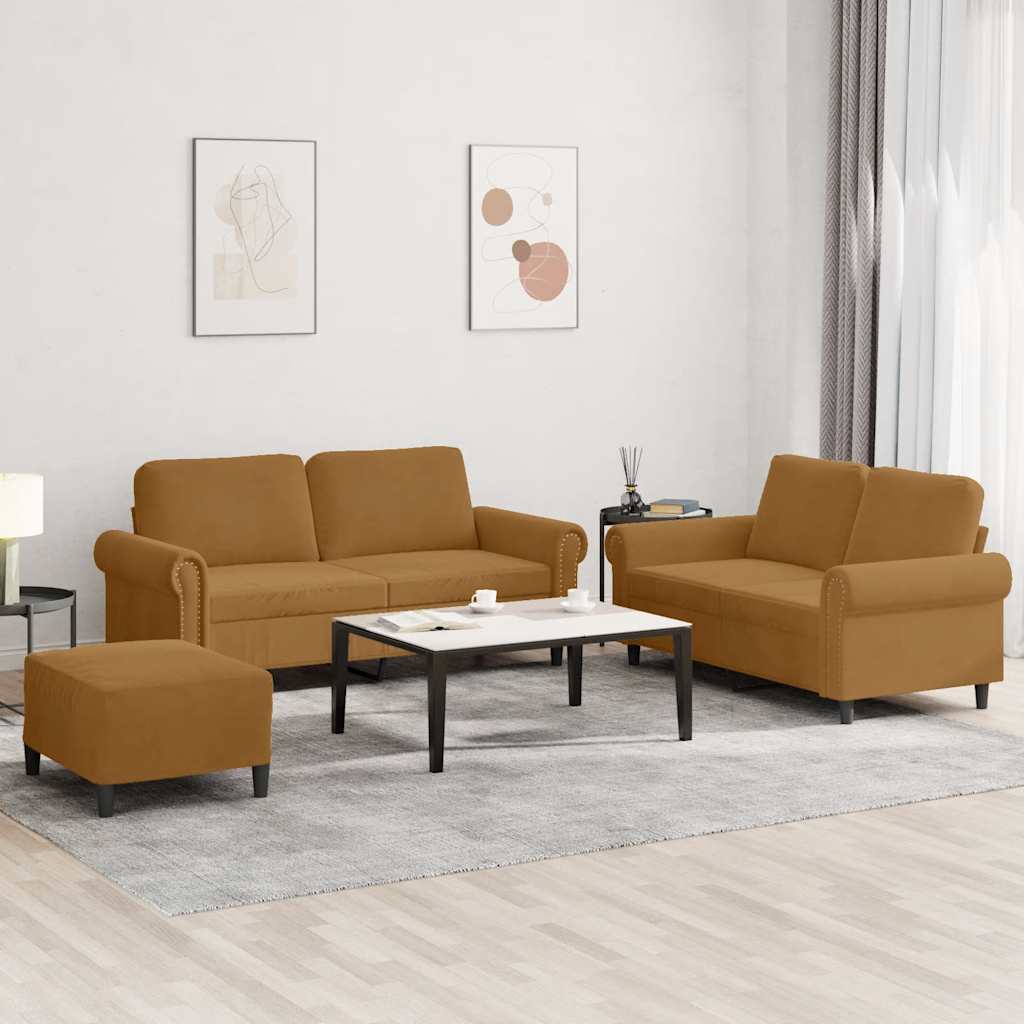 3-delige Loungeset met kussens fluweel bruin