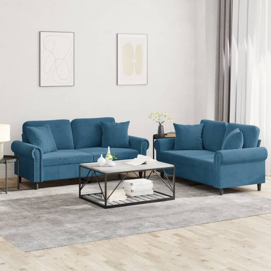 2-delige Loungeset met kussens fluweel blauw – afbeelding 1