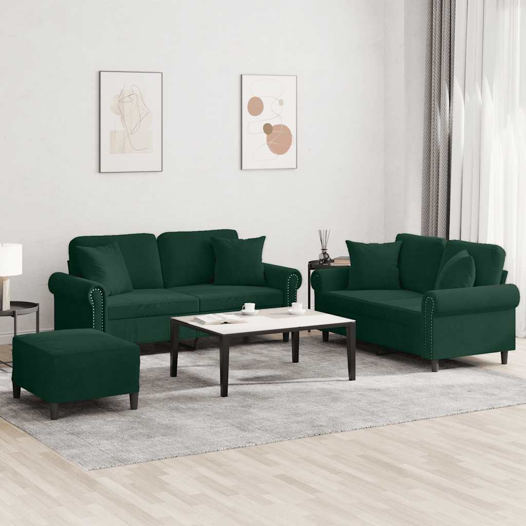 3-delige Loungeset met kussens fluweel donkergroen
