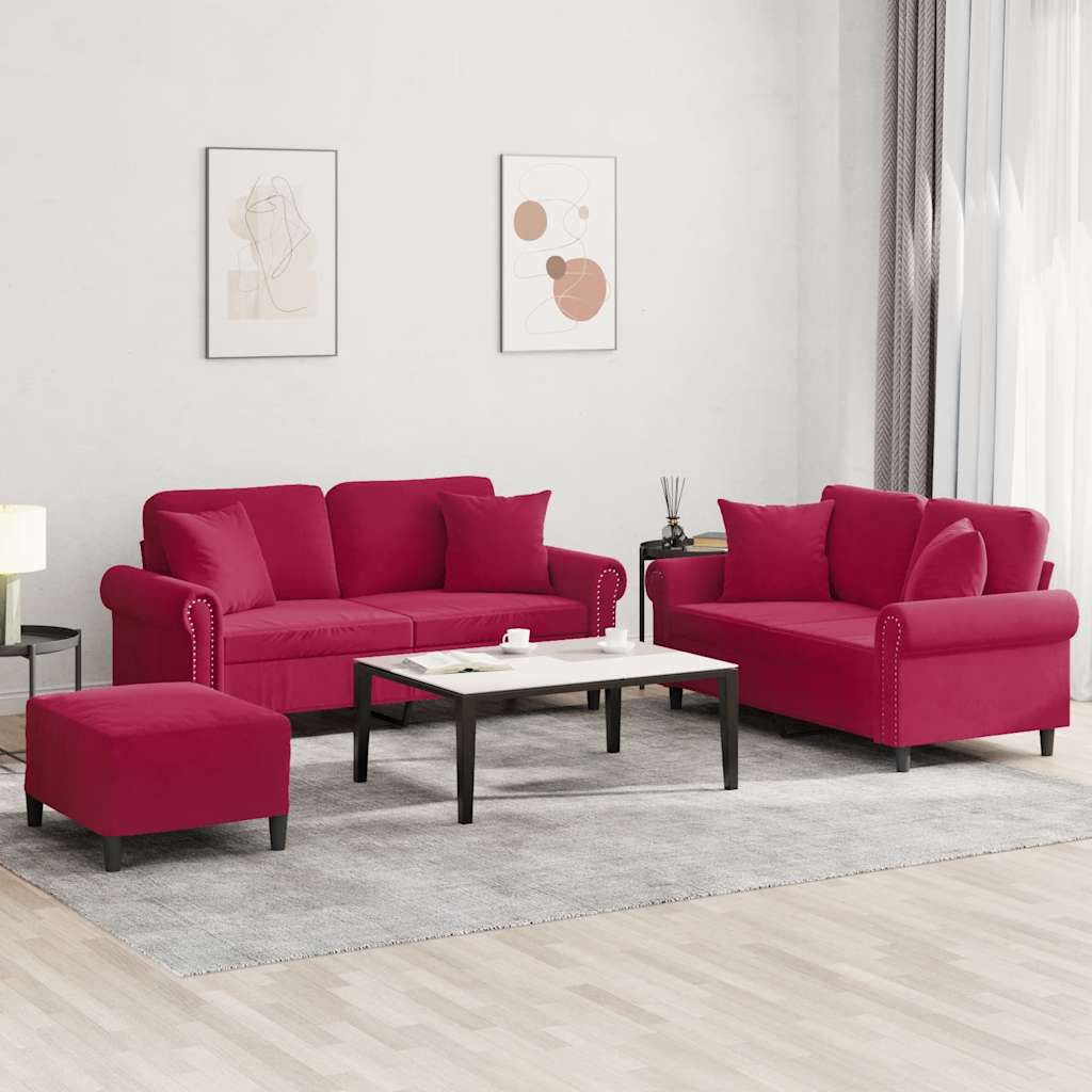 3-delige Loungeset met kussens fluweel wijnrood