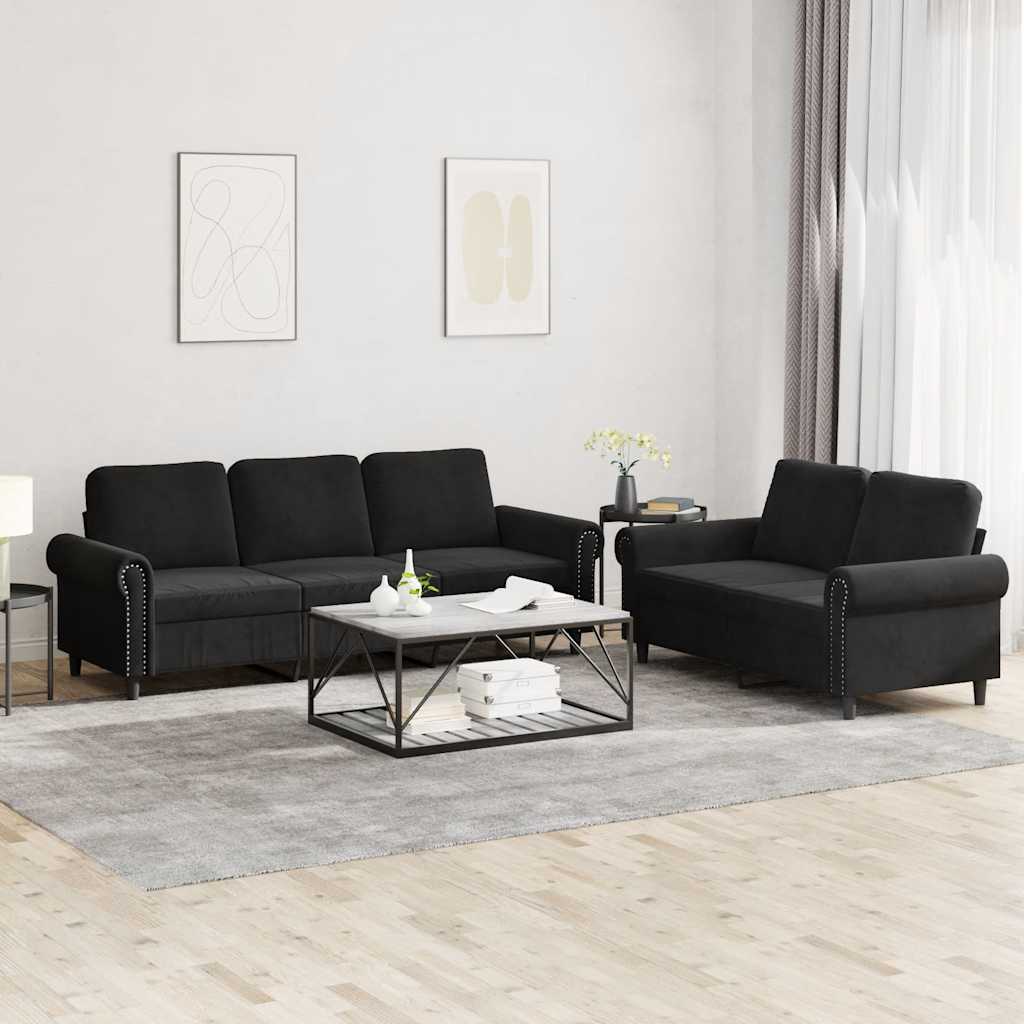 2-delige Loungeset met kussens fluweel zwart – afbeelding 1